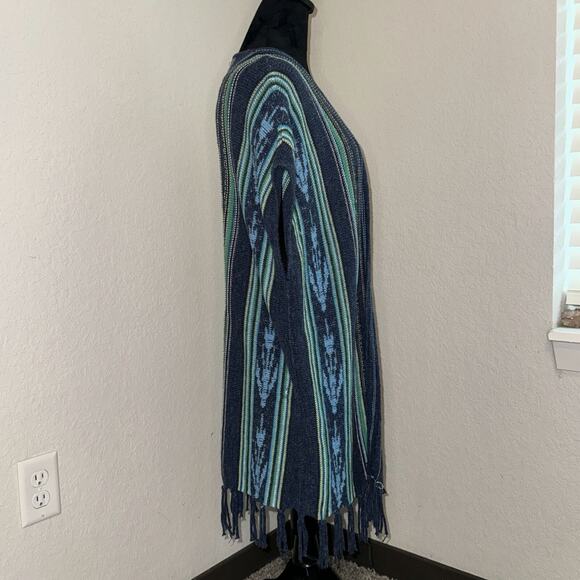 Chaps Poncho Sweater Women's Medium Blue Striped Cotton Knit Fringe Boho Hippie - Picture 3 of 7